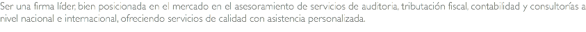 Ser una firma líder, bien posicionada en el mercado en el asesoramiento de servicios de auditoria, tributación fiscal, contabilidad y consultorías a nivel nacional e internacional, ofreciendo servicios de calidad con asistencia personalizada.
